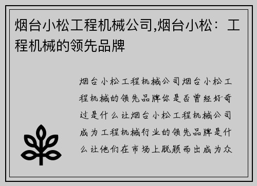 烟台小松工程机械公司,烟台小松：工程机械的领先品牌