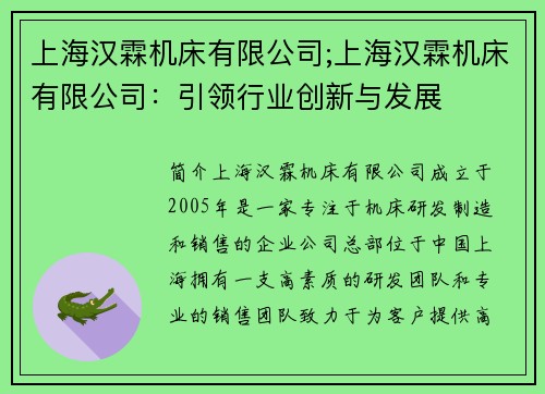 上海汉霖机床有限公司;上海汉霖机床有限公司：引领行业创新与发展